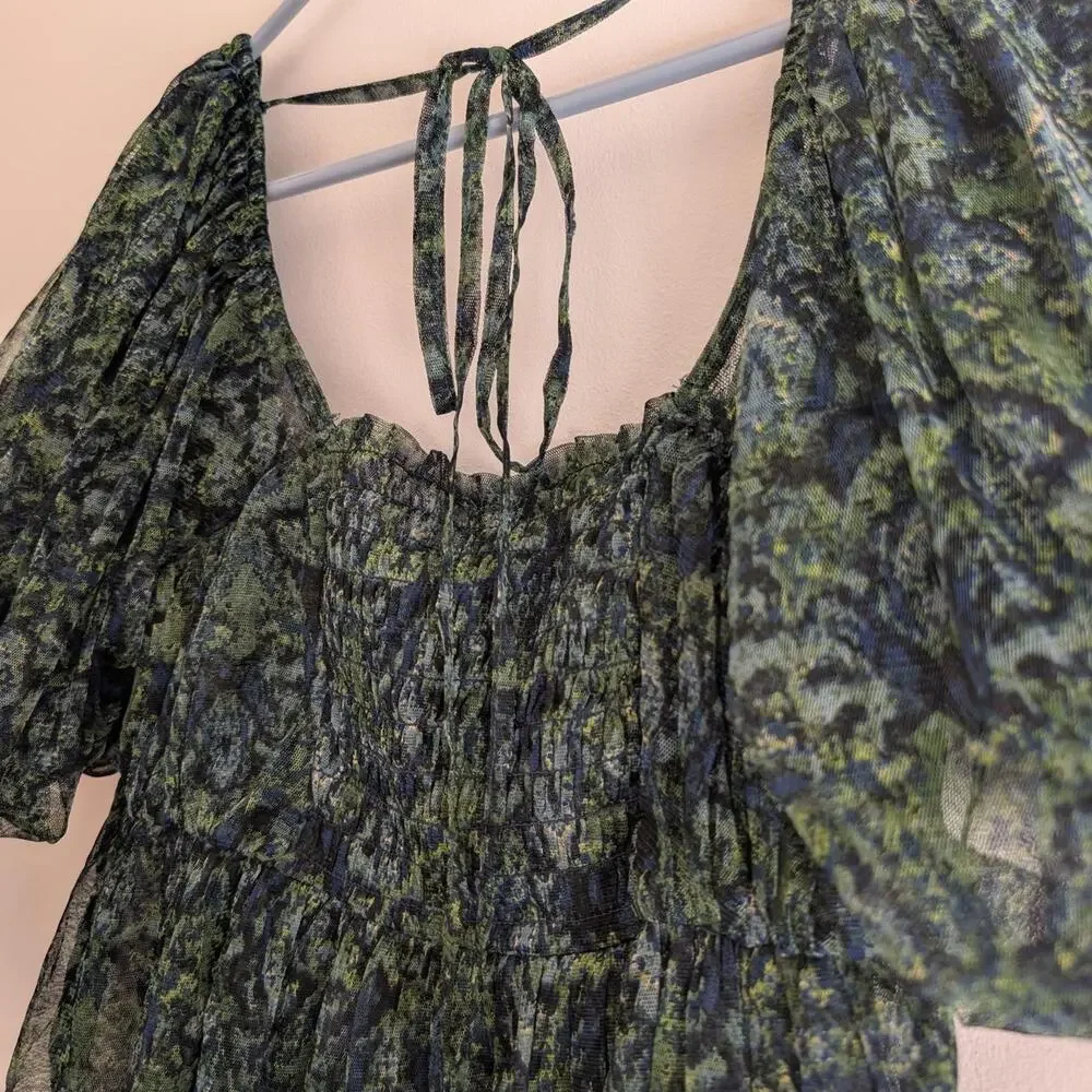 Free People Green Abstract Floral Mesh Puff Sleeve Smocked Babydoll Top S